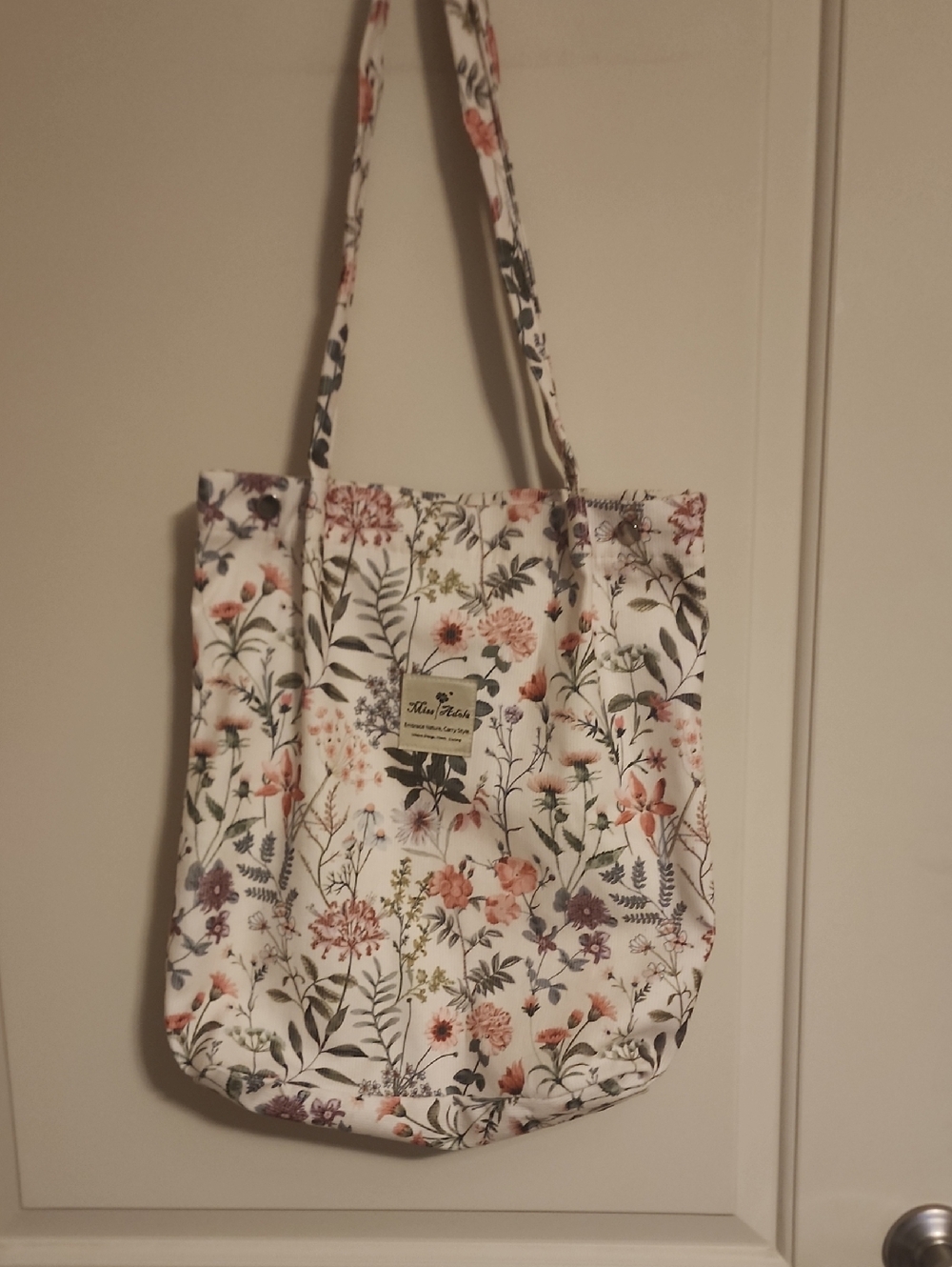 Floral Print Courduroy Tote Bag - White/Pastel with Three Snaps